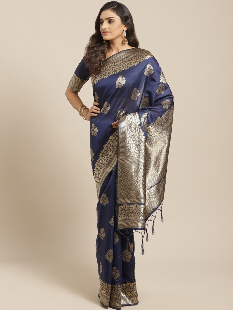 

Saree mall Navy Blue & Gold-Toned Silk Blend Zari Work Woven Design Banarasi Saree