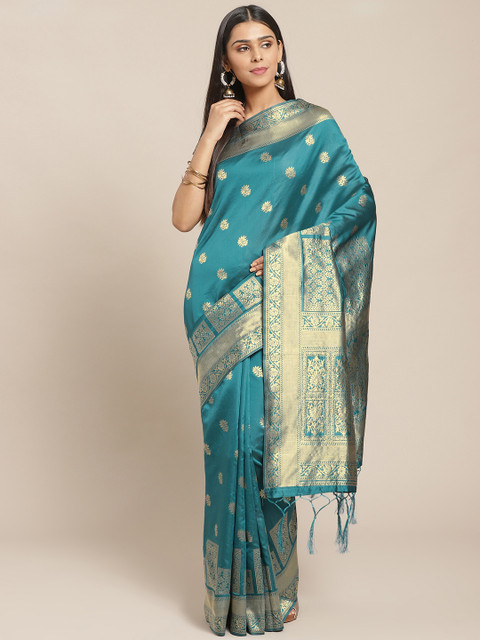 

Saree mall Teal Blue & Golden Zari Woven Design Banarasi Saree