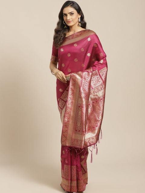 

Saree mall Magenta & Gold-Toned Silk Blend Woven Design Banarasi Saree