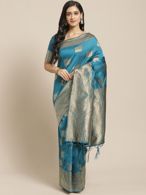 

Saree mall Teal Blue & Golden Ethnic Zari Woven Design Banarasi Saree