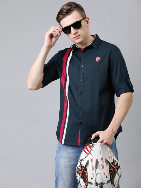 

Ducati Men Navy Blue & Red Slim Fit Striped Casual Shirt