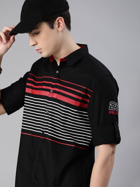 

Ducati Men Black & White Slim Fit Striped Casual Shirt