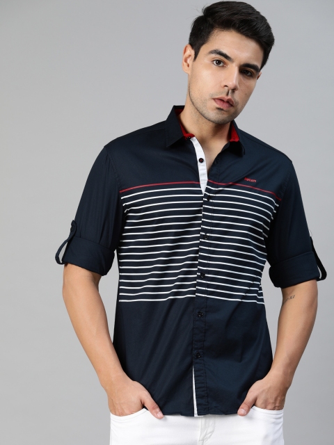 

Ducati Men Navy Blue & White Slim Fit Striped Casual Shirt