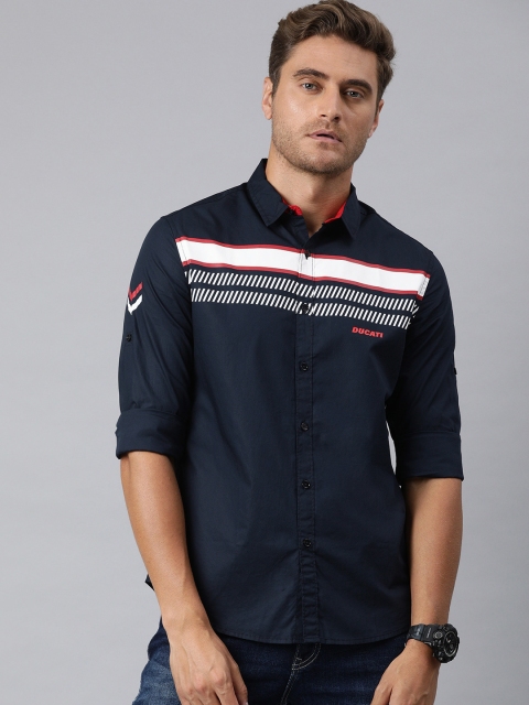 

Ducati Men Navy Blue & White Slim Fit Striped Casual Shirt