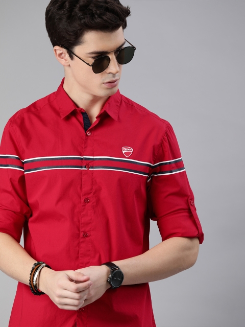

Ducati Men Red & White Slim Fit Striped Casual Shirt