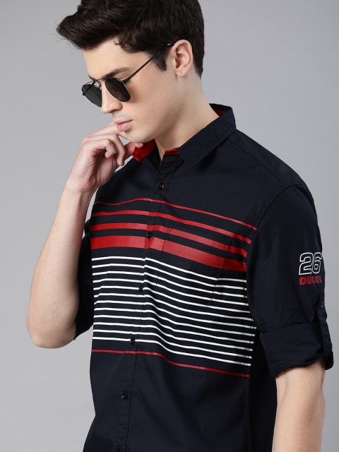 

Ducati Men Navy Blue & White Slim Fit Striped Casual Shirt