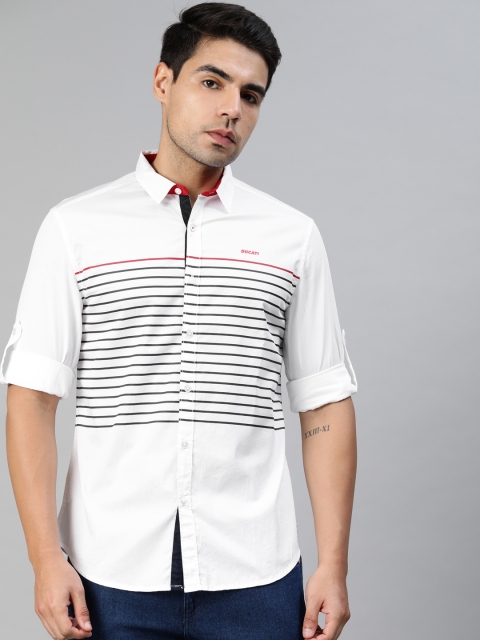 

Ducati Men White & Navy Blue Slim Fit Striped Casual Shirt