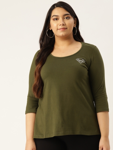 

Revolution Women Olive Green Solid Scoop Neck Plus Size Pure Cotton T-shirt