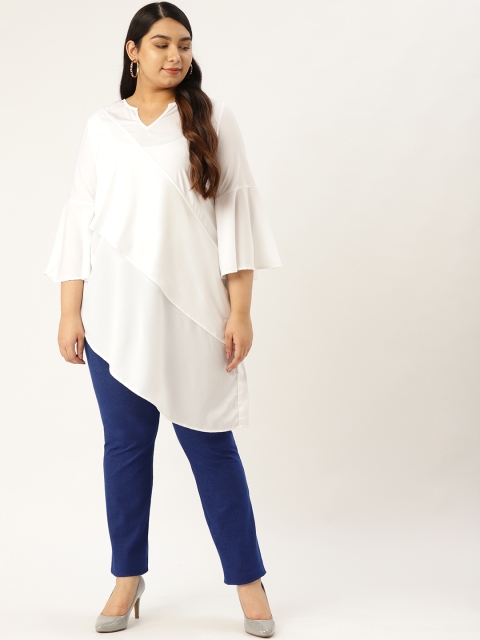 

Revolution Women White Solid Layered Asymmetrical Hem Longline Plus Size Top