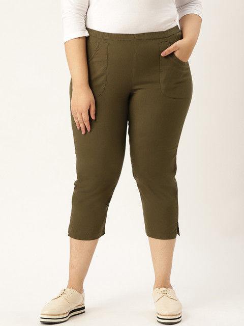 

Revolution Women Olive Green Solid Plus Size Regular Fit Capris