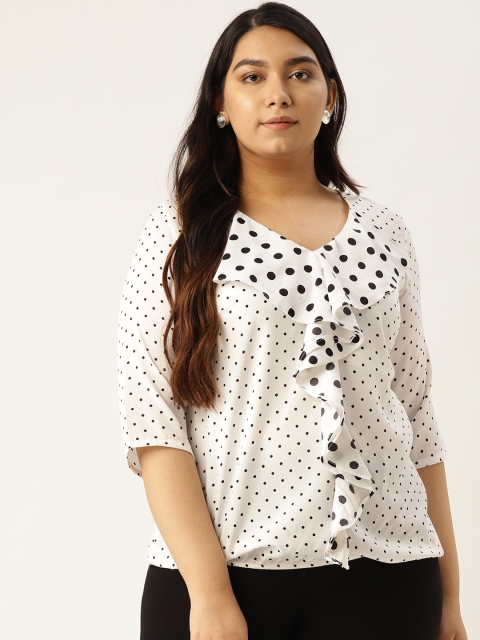 

Revolution Women White & Black Polka Dot Print Plus Size Ruffled Blouson Top