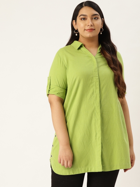 

Revolution Women Green Regular Fit Solid Linen Plus Size Longline Casual Shirt