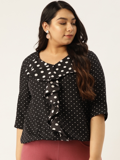 

Revolution Women Black & White Plus Size Polka Dot Printed Ruffled Blouson Top