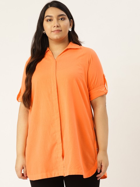 

Revolution Women Orange Regular Fit Solid Linen Plus Size Longline Casual Shirt