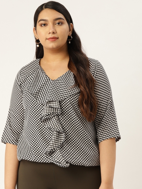 

Revolution Women Black & White Plus Size Checkerboard Ruffled Blouson Top