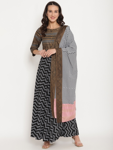 

Ahalyaa Women Black & Golden Chevron Print A-Line Kurta with Dupatta