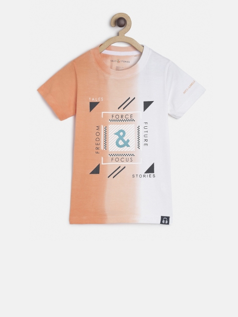 

TALES & STORIES Boys Peach-Coloured & White Printed Round Neck T-shirt
