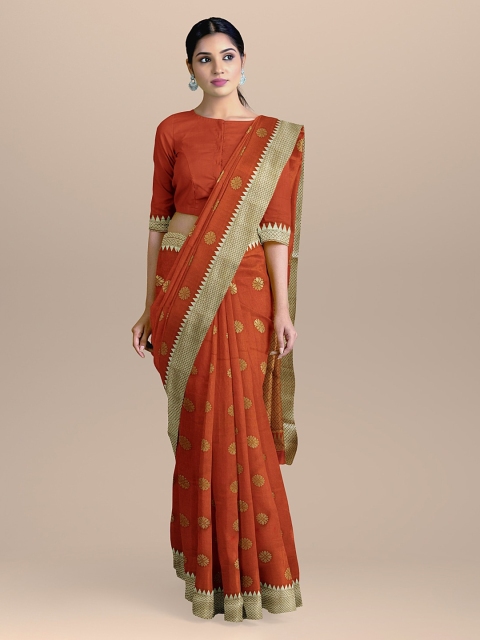 

BharatSthali Orange & Gold-Coloured Silk Cotton Woven Design Saree