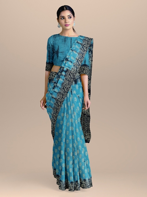 

BharatSthali Blue Handloom Printed Pure Cotton Sustainable Saree