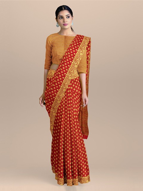 

BharatSthali Red & Gold-Coloured Banarasi Woven Design Saree