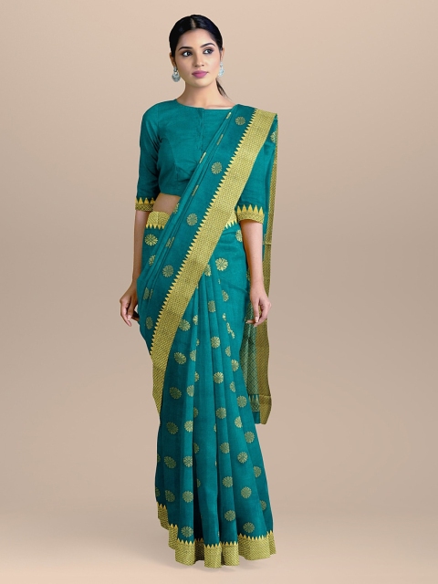 

BharatSthali Blue & Gold-Toned Silk Cotton Woven Design Saree