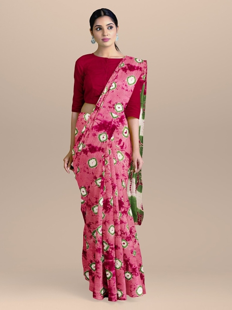 

BharatSthali Pink Bandhej Floral Print Handloom Pure Cotton Sustainable Saree