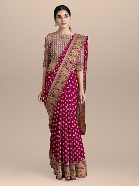 

BharatSthali Magenta & Gold-Toned Silk Cotton Woven Design Saree