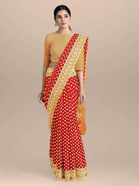 

BharatSthali Red & Gold-Coloured Silk Cotton Handloom Woven Design Banarasi Saree