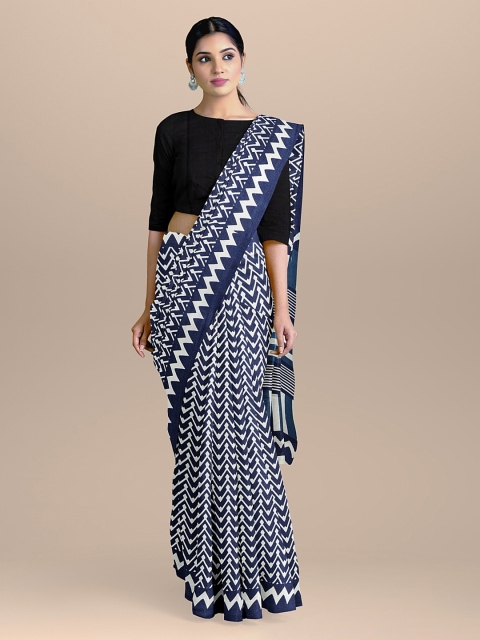 

BharatSthali Navy Blue & White Pure Cotton Handloom Printed Sustainable Saree