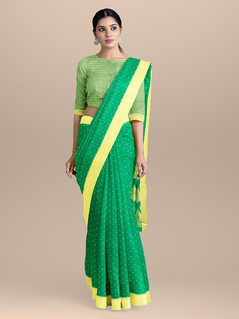 

BharatSthali Green & Gold-Coloured Silk Cotton Handloom Woven Design Banarasi Saree