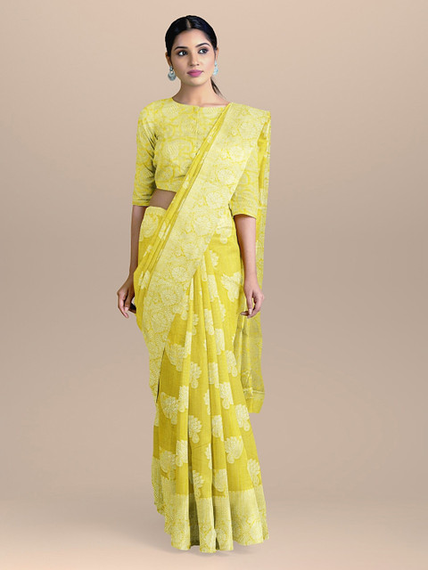 

BharatSthali Yellow & Gold-Coloured Pure Cotton Woven Design Handloom Banarasi Sustainable Saree