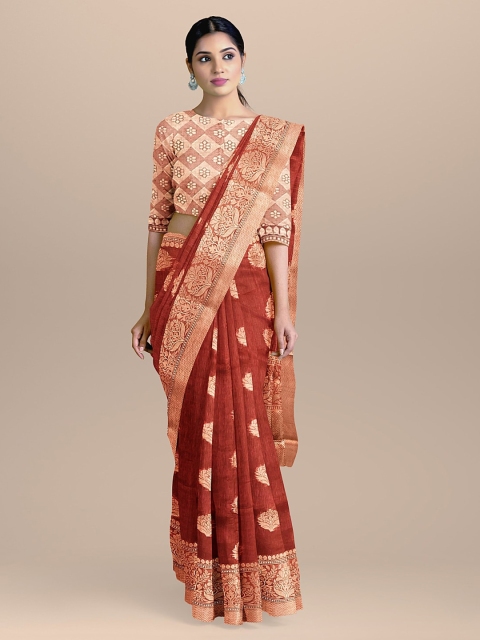 

BharatSthali Maroon & Gold-Coloured Silk Cotton Woven Design Handloom Banarasi Saree