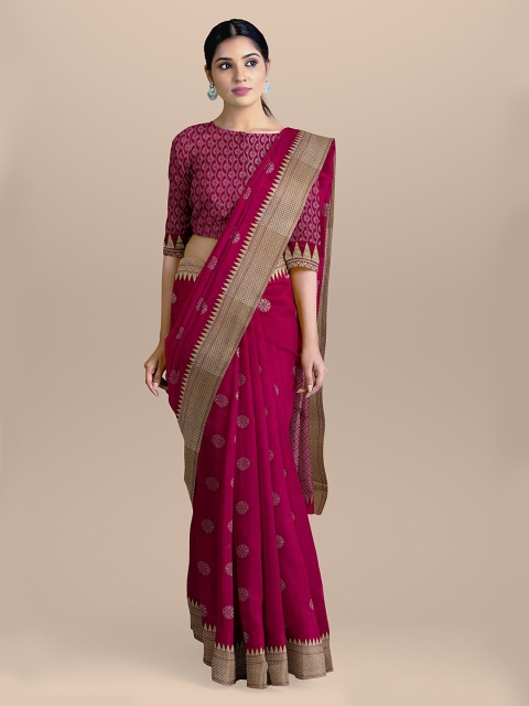 

BharatSthali Magenta & Gold-Coloured Silk Cotton Woven Design Handloom Banarasi Saree