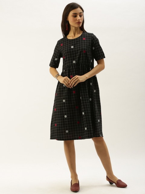 

Taavi Women Black & White Woven Legacy Checked A-Line Dress with Gathers