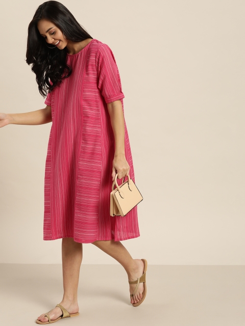 

Taavi Women Pink & White Woven Legacy Striped A-Line Dress with Panelling
