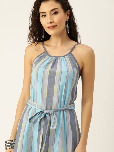 

Taavi Women Blue Striped Woven Legacy A-Line Sustainable Dress with Tie-Ups