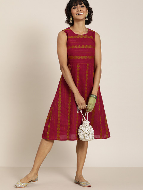 

Taavi Women Maroon & Mustard Yellow Striped Woven Legacy A-Line Dress with Pockets
