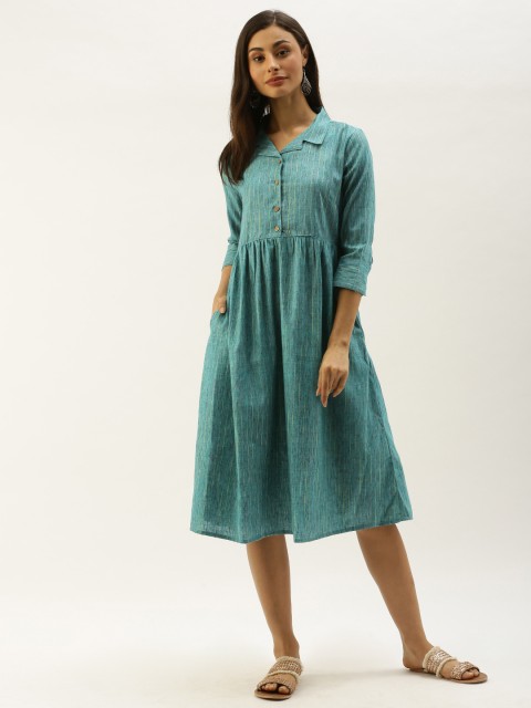 

Taavi Women Teal Green Woven Legacy Striped Gathered A-Line Dress with Pocket