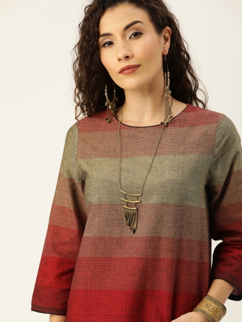 

Taavi Women Red & Grey Striped Woven Legacy A-Line Sustainable Dress with Pocket