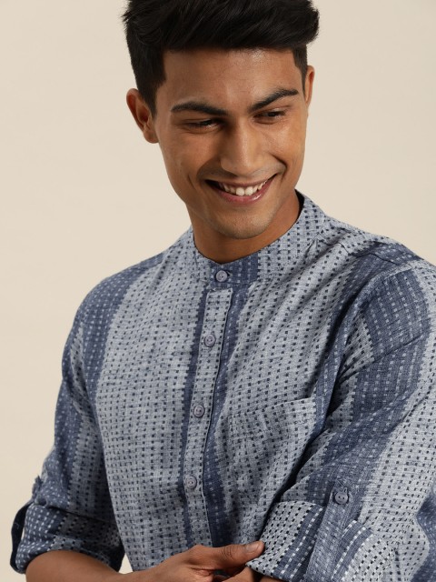 

Taavi Men Grey & Blue Woven Legacy Straight Kurta With Roll-Up Sleeves