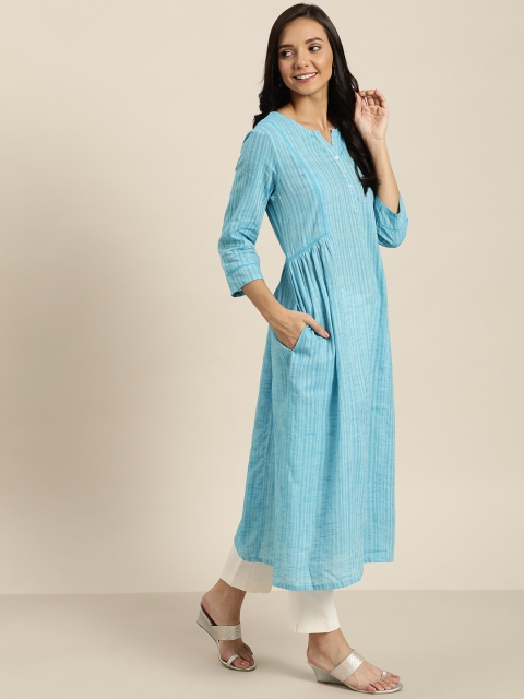 

Taavi Women Blue Woven Legacy Striped A-Line Kurta with Gather Detail
