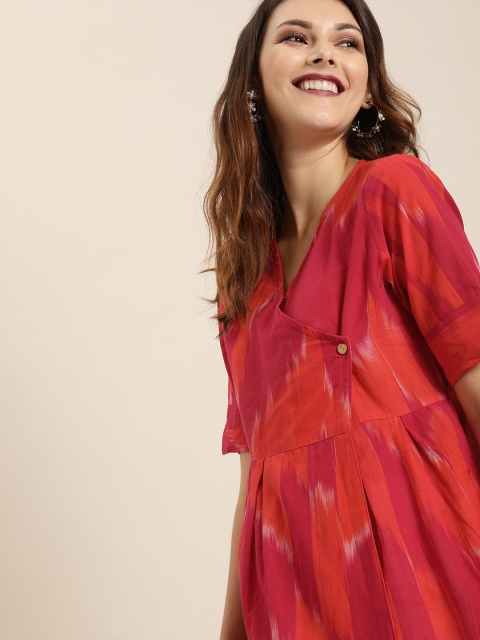 

Taavi Women Pink & Orange Ikat Woven Design Angrakha A-Line Kurti with Gathers