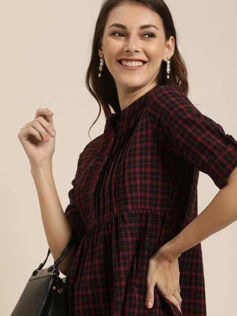 

Taavi Women Black and Red Checked Woven Legacy A-Line Top With Cuffed Sleeves