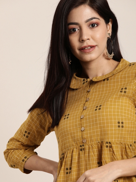 

Taavi Women Mustard Yellow & Black Checked Woven Legacy A-Line Pure Cotton Top with Gathers