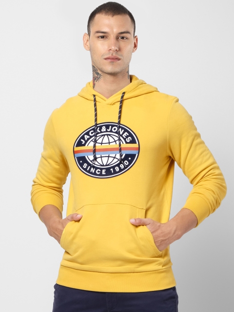 

Jack & Jones Men Mustard Yellow Printed Hooded Sweatshirt