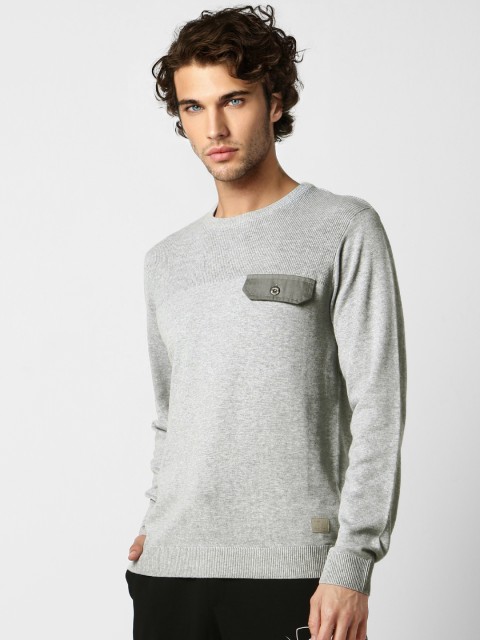 

Jack & Jones Men Grey Melange Solid Pullover Sweater with Pocket Detailing