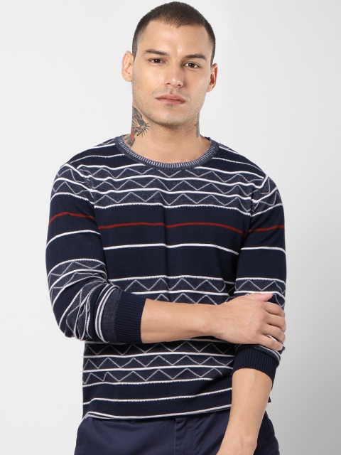 

Jack & Jones Men Navy Blue & White Striped Pullover Sweater
