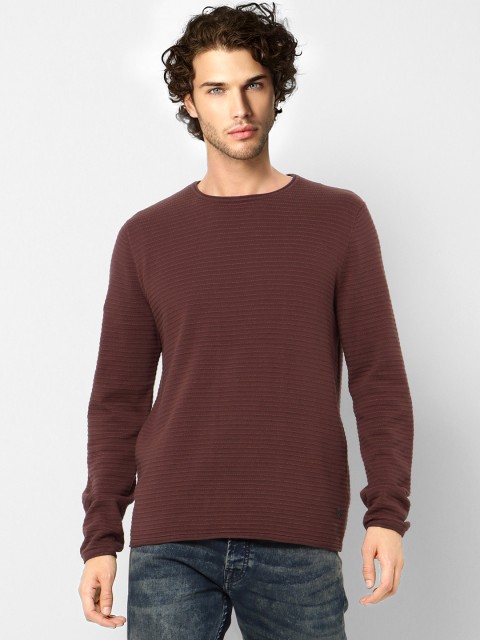 

Jack & Jones Men Brown & Orange Striped Pullover Sweater