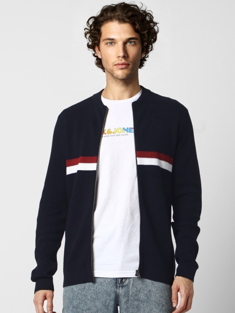 

Jack & Jones Men Navy Blue & White Striped Front-Open Sweater