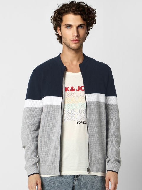 

Jack & Jones Men Grey & Navy Blue Colourblocked Front-Open Sweater